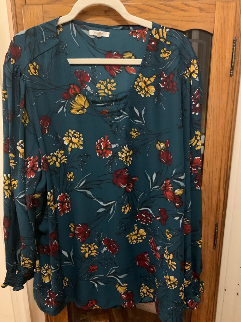 Maurices Teal Floral Long Sleeve Blouse with Red and Yellow Flowers